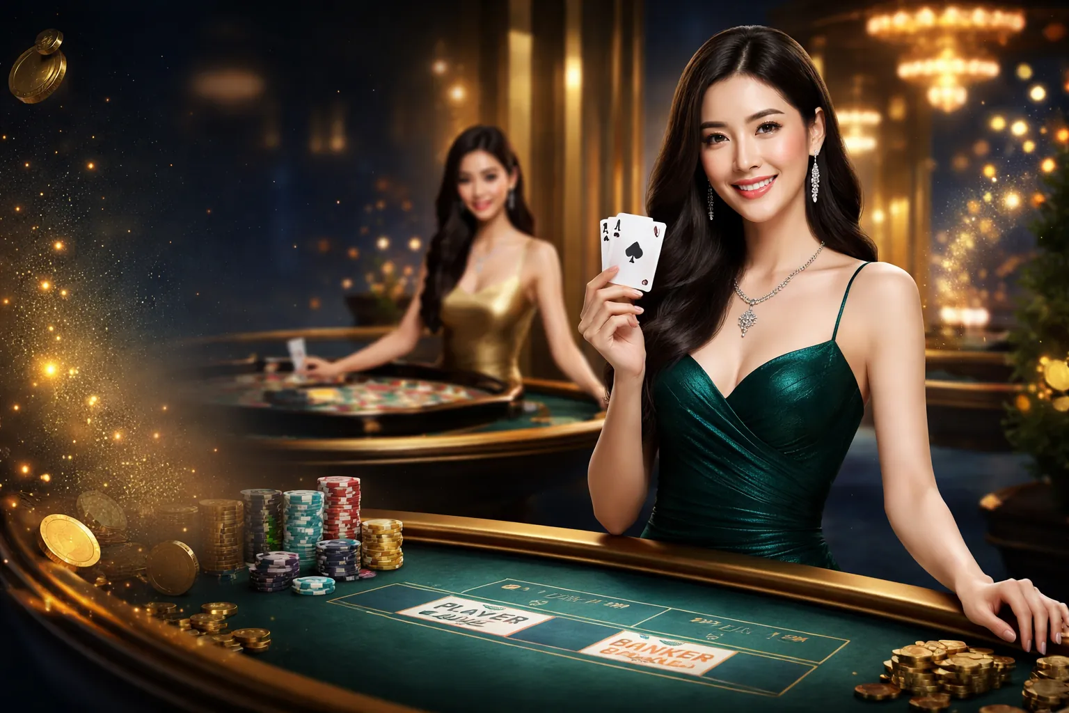 Bàn chơi casino trực tiếp với dealer chuyên nghiệp và các trò chơi như Baccarat, Roulette
