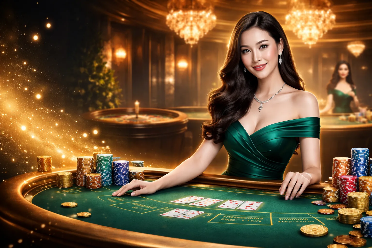 Bàn chơi game bài với các lá bài và chip cược, thể hiện sự căng thẳng của trò chơi